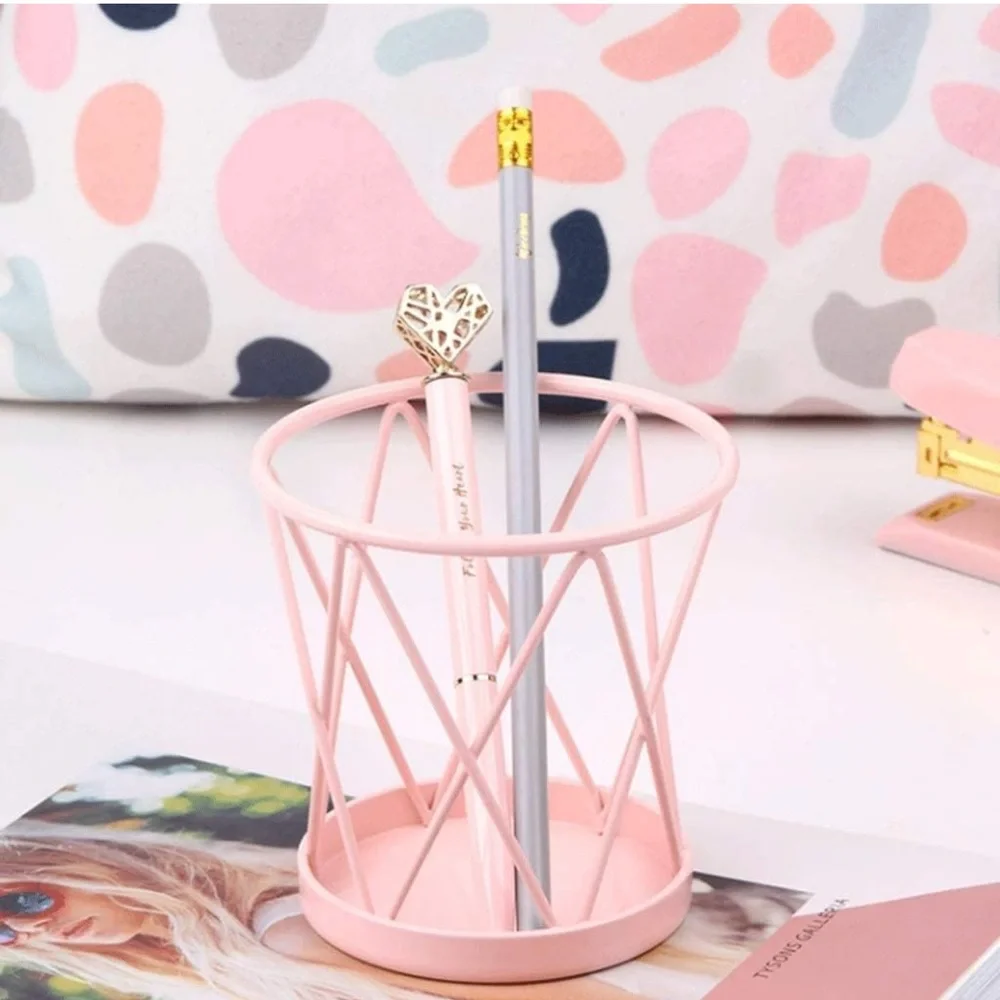 Pink Metal Geometric Makeup Brush Holder Organizer